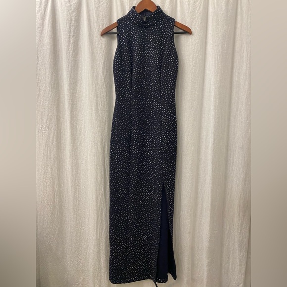 Cache Dresses & Skirts - Caché Vintage BodyCon Evening Dress Side Slit Glitter Polka-Dot Navy Size 8
